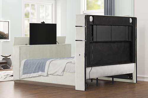 King Bed Frame with Fireplace and TV Stand - Wood Platform Bed with 68" Tall Headboard and Storage, Upholstered Sleigh Bed, Velvet Bedframe with TV Mount and USB Ports for Bedroom Furniture, Beige