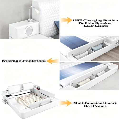 King Size Smart Bed, Multifunctional Leather Bed Frame with Massage Recliner/Adjustable Headboard/Music Speaker/USB Port/Storage Space, Modern Luxury Bed Frame(Beige)