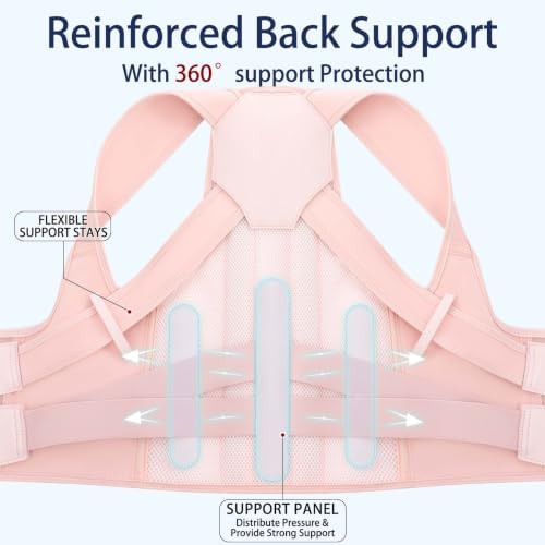 Posture Corrector for Women and Men, Adjustable Back Brace with Shoulder Support, Lumbar Support Belt and Full Back Support, Posture Trainer Back Straightener for Upper Back, Lower Back Support, Slouching and Hunchback Corrector (Pink, XX-Large)