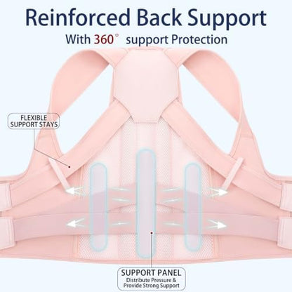 Posture Corrector for Women and Men, Adjustable Back Brace with Shoulder Support, Lumbar Support Belt and Full Back Support, Posture Trainer Back Straightener for Upper Back, Lower Back Support, Slouching and Hunchback Corrector (Pink, XX-Large)