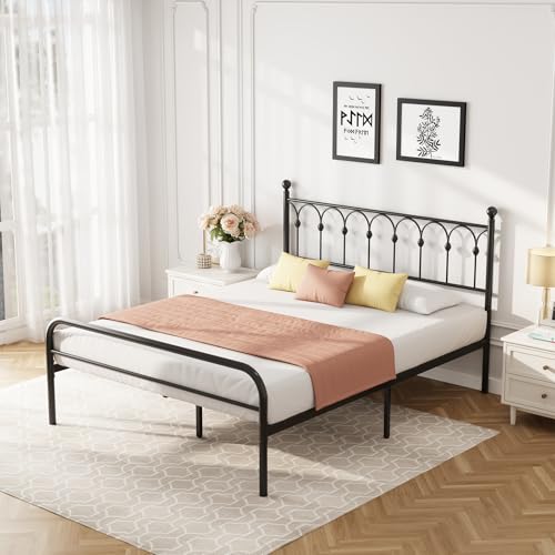 Queen Bed Frame with Headboard, Victorian Metal Platform Bed Frame, Mattress Foundation with Steel Slat Support, Stable & No Noise, Under Foundation Storage, No Box Spring Needed, Easy Assembly