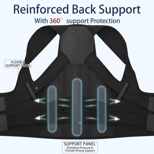 Posture Corrector for Women and Men, Adjustable Back Brace with Shoulder Support, Lumbar Support Belt and Full Back Support, Posture Trainer Back Straightener for Upper Back, Lower Back Support, Slouching and Hunchback Corrector (Black, Medium)