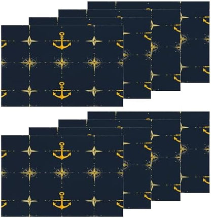 Shrahala Maritime Sea Sailing Symbols Set of 8 12 X 18 Inch Linen Placemats, Navy Blue Nautical Seamless Pattern Burlap Table Mat Washable Double Layered Heat Insulation for Indoor/Outdoor