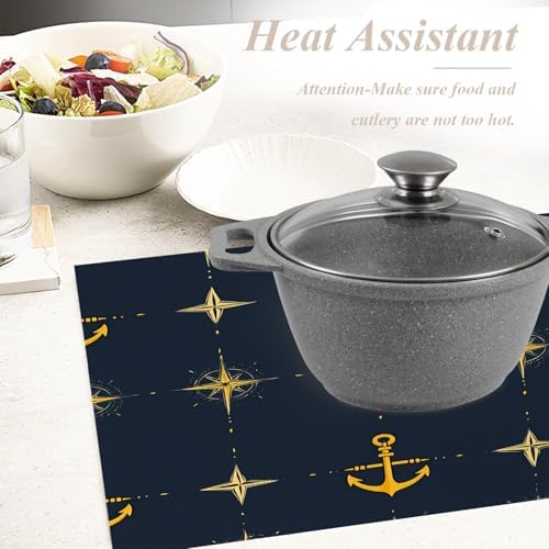Shrahala Maritime Sea Sailing Symbols Set of 8 12 X 18 Inch Linen Placemats, Navy Blue Nautical Seamless Pattern Burlap Table Mat Washable Double Layered Heat Insulation for Indoor/Outdoor