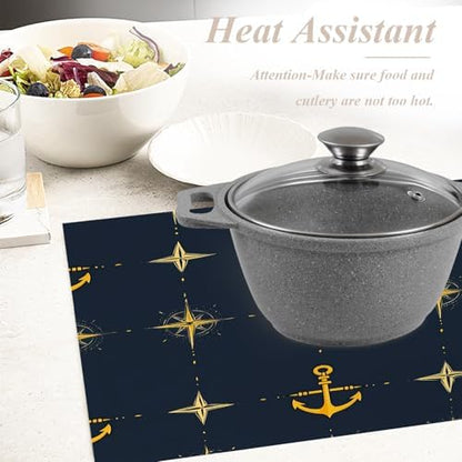 Shrahala Maritime Sea Sailing Symbols Set of 8 12 X 18 Inch Linen Placemats, Navy Blue Nautical Seamless Pattern Burlap Table Mat Washable Double Layered Heat Insulation for Indoor/Outdoor