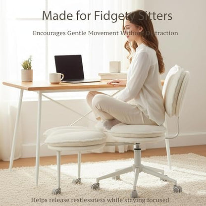 Cross Legged Chair with 360° Swivel Footrest, Criss Cross Office Chair for Plus Size, Teddy Fleece Armless Desk Chair with Wheels, Memory Foam Cozy Active Sitting Chair for Home Office,