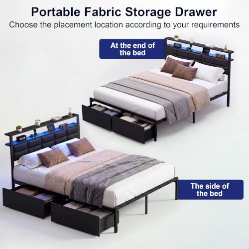 Full Bed Frame with 2 Storage Drawers, LED Lights & Charging Station, Upholstered Headboard with Shelves, Heavy Duty Metal Platform, No Box Spring Needed, Noise Free, Easy Assembly