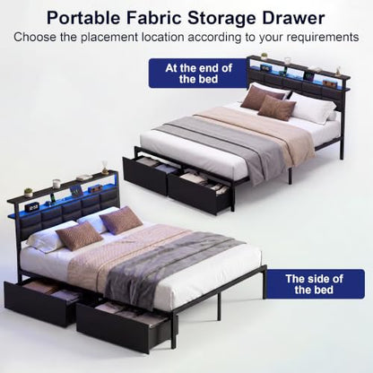 Full Bed Frame with 2 Storage Drawers, LED Lights & Charging Station, Upholstered Headboard with Shelves, Heavy Duty Metal Platform, No Box Spring Needed, Noise Free, Easy Assembly
