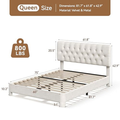 Queen Upholstered Bed Frame, White Velvet Cloud Platform Bed