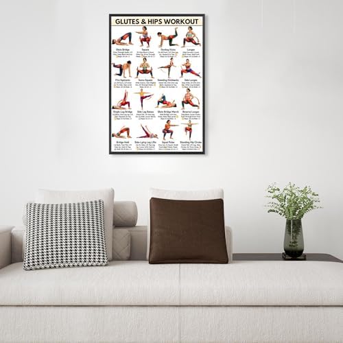 Glutes & Hips Workout Exercise Poster, 16 Illustrated Lower Body Training Moves Chart with Rep Ranges, Bodyweight Butt & Hip Tutor Guide for Home Gym Beginner Fitness Training and Glute Sculpting Reference(24x36inchs，Black Framed)