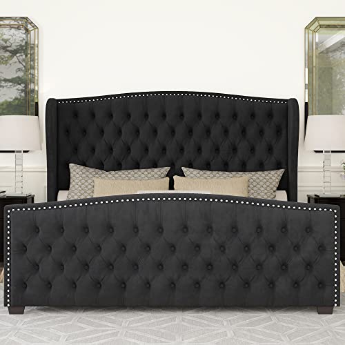 Queen Size Bed Frame with Velvet Upholstered Wingback Headboard
