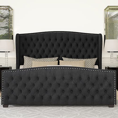 Queen Size Bed Frame with Velvet Upholstered Wingback Headboard