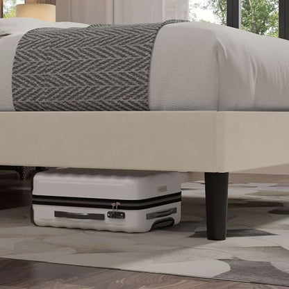 Queen Size Bed Frame with Upholstered Headboard, Velvet Platform Bedframe Mattress Foundation, Strong Wood Slat Support, No Box Spring Needed,Bone Beige
