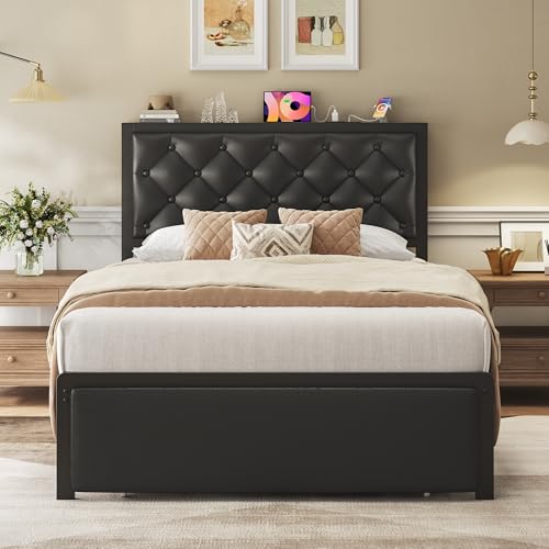 Twin Bed Frame with Storage Drawer, Upholstered Headboard Button Tufted Bed Frame with Charging Station, No Box Spring Needed, Noise-Free, All Metal Structure, Black