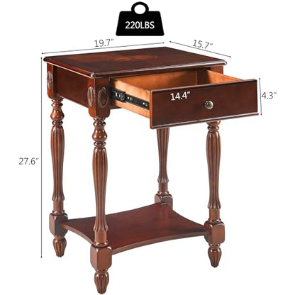 Solid Wood Side Table with Drawer, Victorian Style Vintage Nightstand, Antique Cherry Wood End Tables Living Room Bedroom, 19.7x15.7x27.6 inch, No-Tools Assembly, Cherry Walnut GBJ-1533-WD