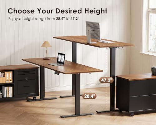 55" L Shaped Electric Standing Desk with Cabinet Sets, Walnut/Black