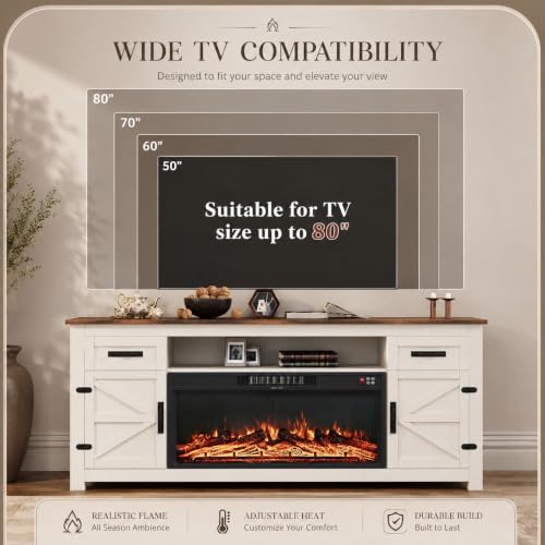 Fireplace TV Stand with Barn Door, 70 inch, White