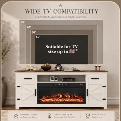 Fireplace TV Stand with Barn Door, 70 inch, White