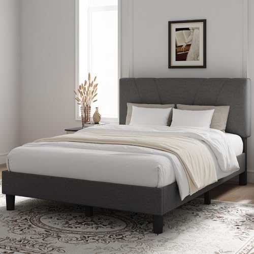 Queen Size Bed Frame Upholstered Queen Bed Frame with 3-Height Adjustable Headboard, Strong Weight Capacity, No Box Spring Needed, Easy Assembly, Grey
