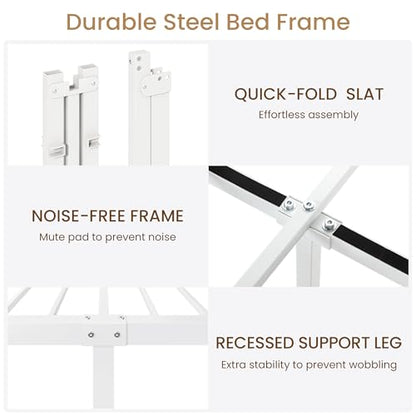 Queen Metal Bed Frame, Victorian Style Platform Bed with Curved Headboard and Classic Footboard, No Box Spring Needed, White