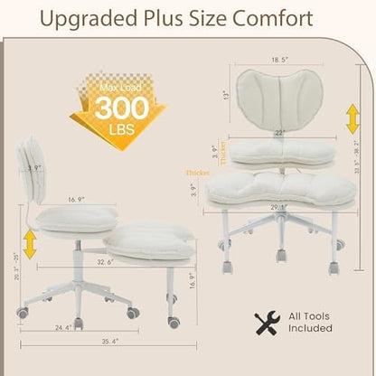 Cross Legged Chair with 360° Swivel Footrest, Criss Cross Office Chair for Plus Size, Teddy Fleece Armless Desk Chair with Wheels, Memory Foam Cozy Active Sitting Chair for Home Office,