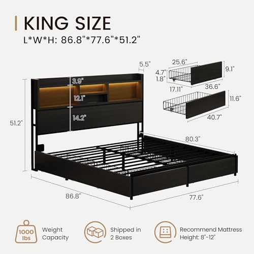 King Storage Bed Frame with 6 Drawers, USB Charging Station, No Noise, No Box Spring Required, Vintage Black Headboard Platform Bed