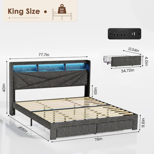 King Size Bed Frame with 2 Storage Drawers,Upholstered Headboard | LED Light, Charging Station, No Box Spring Needed, Easy to Assemble, Dark Grey