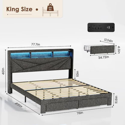 King Size Bed Frame with 2 Storage Drawers,Upholstered Headboard | LED Light, Charging Station, No Box Spring Needed, Easy to Assemble, Dark Grey