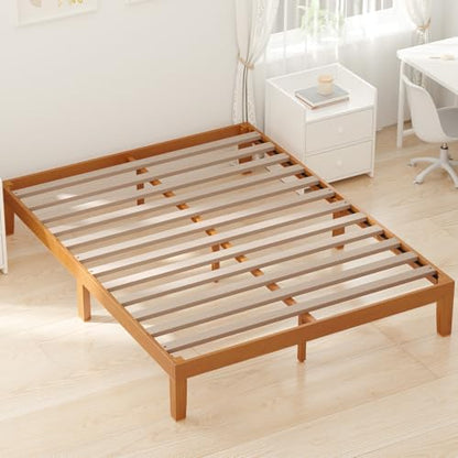 Solid Wood Platform Queen Bed Frame, 12inch Wooden Mattress Foundation with Sturdy Wood Slat Support, No Box Spring Needed, Under Bed Storage, Natural Pine