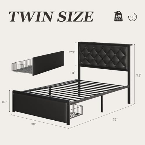 Twin Bed Frame with Storage Drawer, Upholstered Headboard Button Tufted Bed Frame with Charging Station, No Box Spring Needed, Noise-Free, All Metal Structure, Black