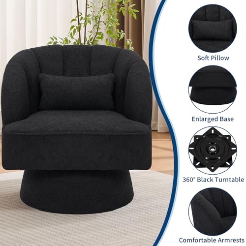 Modern Swivel Barrel Accent Chair, 360° Teddy Fabric Upholstered Armchair with Striped Backrest & Plush Padding, Comfy Round Lounge Chair for Living Room, Bedroom, Reading Nook, Black