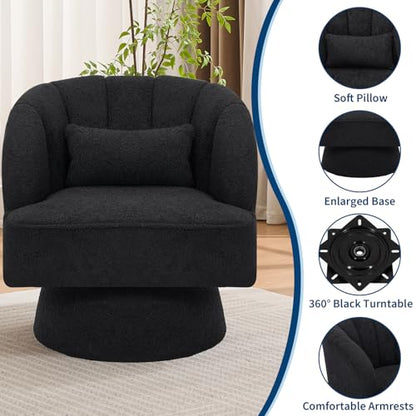 Modern Swivel Barrel Accent Chair, 360° Teddy Fabric Upholstered Armchair with Striped Backrest & Plush Padding, Comfy Round Lounge Chair for Living Room, Bedroom, Reading Nook, Black