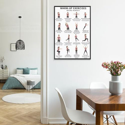 Pre-Workout Warm-Up Exercise Poster, 16 Illustrated Full-Body Prep Movement Chart, Bodyweight Joint Loosening Reference to Prevent Strains Before Home & Gym Fitness Training Sessions(12x18inchs，Black Framed)