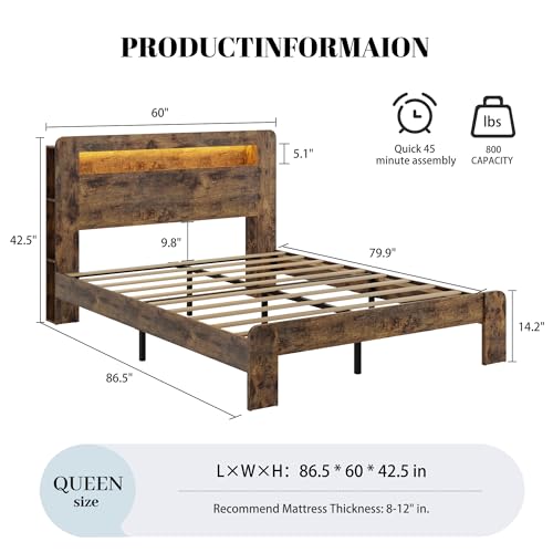 Queen Wood Bed Frame with Storage Headboard and Charging Station