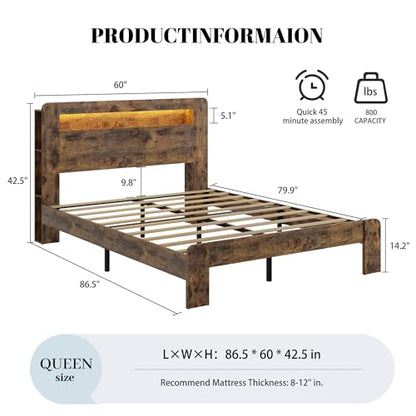 Queen Wood Bed Frame with Storage Headboard and Charging Station