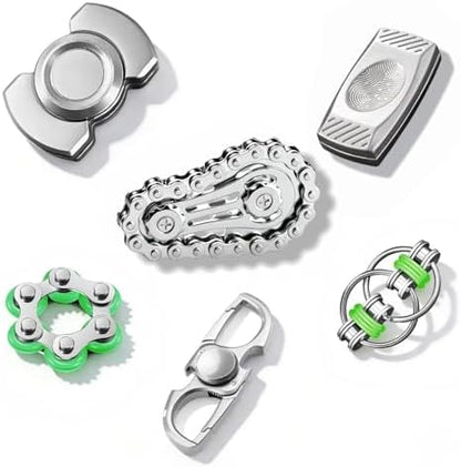 6Pcs Silver Metal EDC Fidget Toys Bundle, Cool Sensory Desk Gadget Gifts for Adult Stress & Anxiety Relief