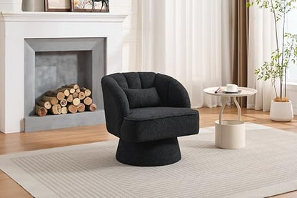 Modern Swivel Barrel Accent Chair, 360° Teddy Fabric Upholstered Armchair with Striped Backrest & Plush Padding, Comfy Round Lounge Chair for Living Room, Bedroom, Reading Nook, Black