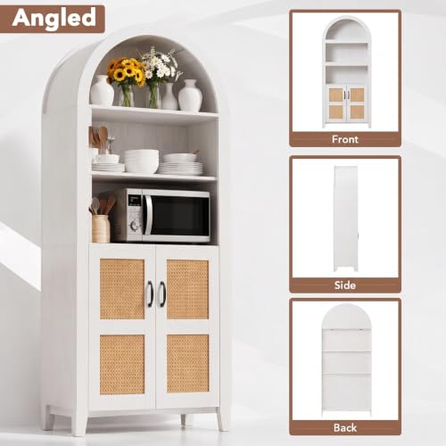 71" Arched Storage Cabinet, Modern Farmhouse Wooden Bookcase with Adjustable Shelves – Versatile Kitchen Pantry, Living Room Display, and Bedroom Storage (White)
