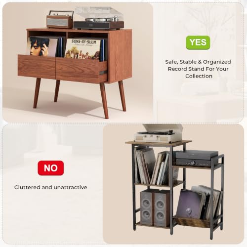 Mid Century Modern Record Player Stand with Vinyl Storage, Brown | Turntable Stand with Solid Wood Legs, 7“/10"/12" Vinyl Record Storage Cabinet, for Living Room, Music Corner