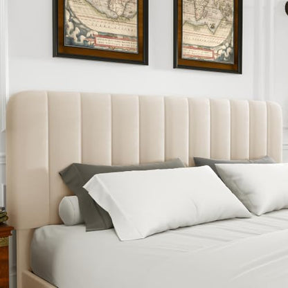 Queen Size Upholstered Bed Frame with 4 Drawers and Headboard, Velvet Platform Storage Bedframe, Wooden Slats Support, No Box Spring Needed, Beige
