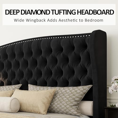 Queen Size Bed Frame with Velvet Upholstered Wingback Headboard