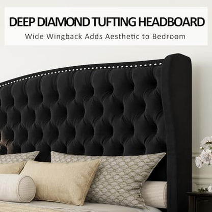 Queen Size Bed Frame with Velvet Upholstered Wingback Headboard