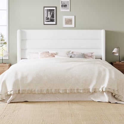 Queen Size Platform Bed Frame with Velvet Upholstered Wingback Headboard, No Box Spring Needed, Under Bed Storage Space, Strong Wooden Slats, Modern Mattress Foundation, Easy Assembly, White