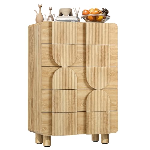 Fluted 5 Drawers Dresser for Bedroom, 46" Tall Dressers & Chest of Drawers w/Curved Profile Design, Wood Mid Century Modern Vertical Storage Dressers Organizer for Living Room, Hallway, Natural Oak