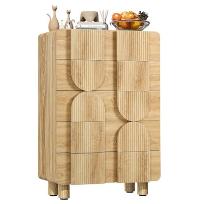 Fluted 5 Drawers Dresser for Bedroom, 46" Tall Dressers & Chest of Drawers w/Curved Profile Design, Wood Mid Century Modern Vertical Storage Dressers Organizer for Living Room, Hallway, Natural Oak