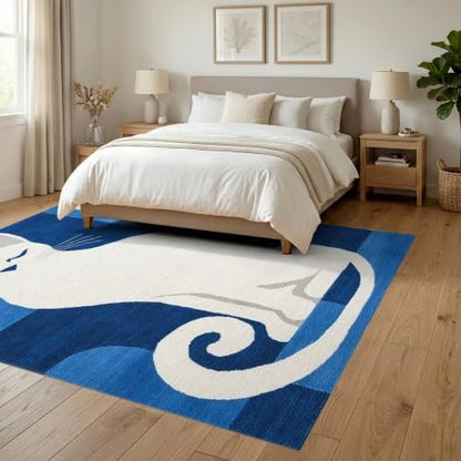 6'x9' Blue White Cat Sapphire Design Washable Area Rug