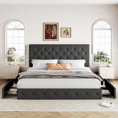Upholstered King Size Platform Bed Frame with 4 Storage Drawers and Headboard, Diamond Stitched Button Tufted, Mattress Foundation with Wooden Slats Support, No Box Spring Needed, Dark Grey