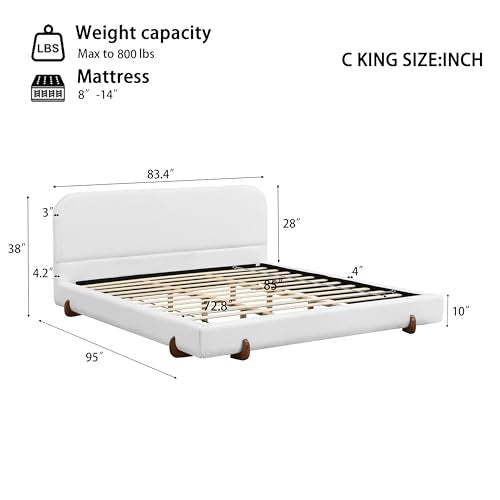 California King Size Bed Frame, Elegant Chenille Bed Frame with Unique Design Solid Wood Legs, Curve-Shaped Upholstered Platform Bed with 4-Inch Thick Double-Sided, 800 lb Capacity, White