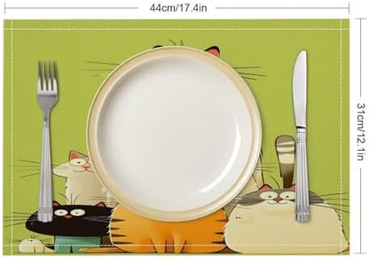 Cute Cats Family Cartoon Linen Placemats Set of 4PCS, Heat Resistant Non-Slip Washable Table Placemats for Dining Everyday Use Hotel Banquet Home Decor