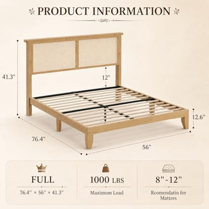GAOMON Full Size Wood Bed Frame with LED Light and Rattan Headboard